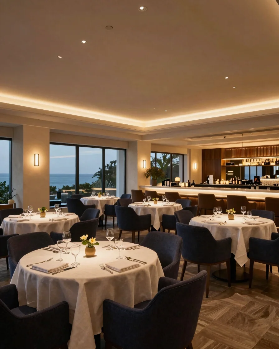 Warm evening interior of an upscale hotel restaurant, soft golden