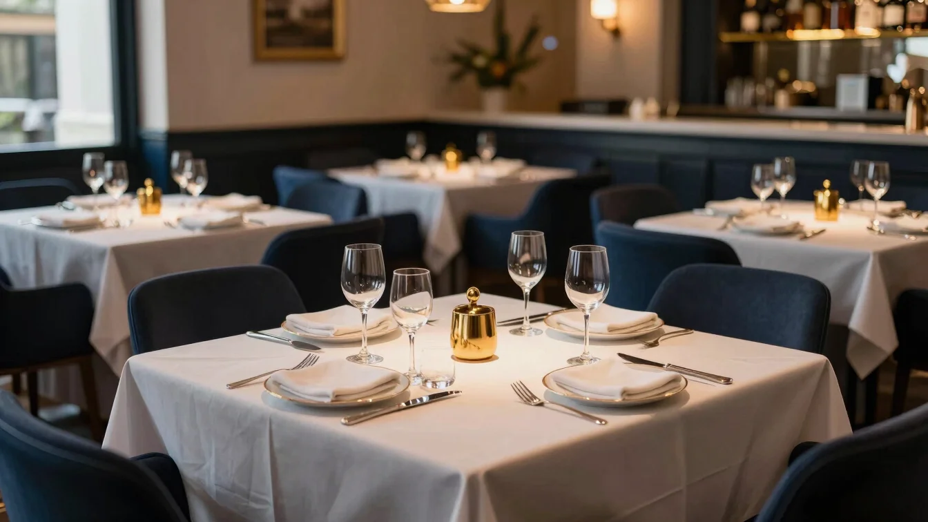 Close detail of a restaurant table set with refined tableware, warm evening light, navy and gold accents, editorial phot