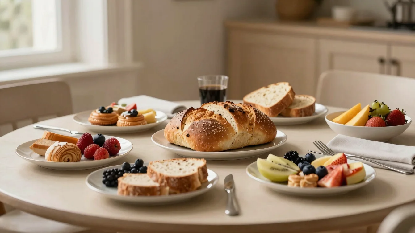 Close detail of artisanal breakfast spread on a warm beige table, fresh bread, pastries and fruit, soft daylight, shallo