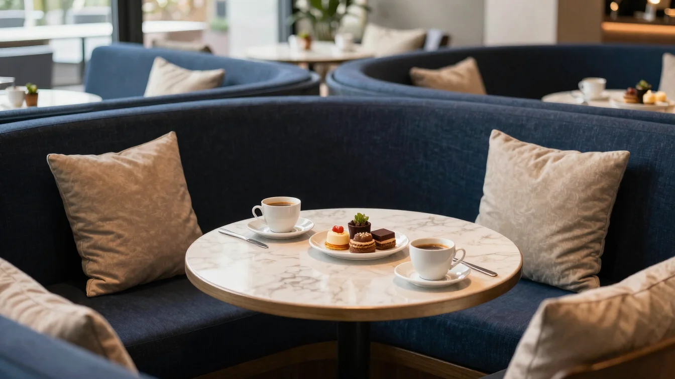 Relaxed daytime lounge table with coffee and light refreshments, navy seating and warm beige cushions, soft natural dayl