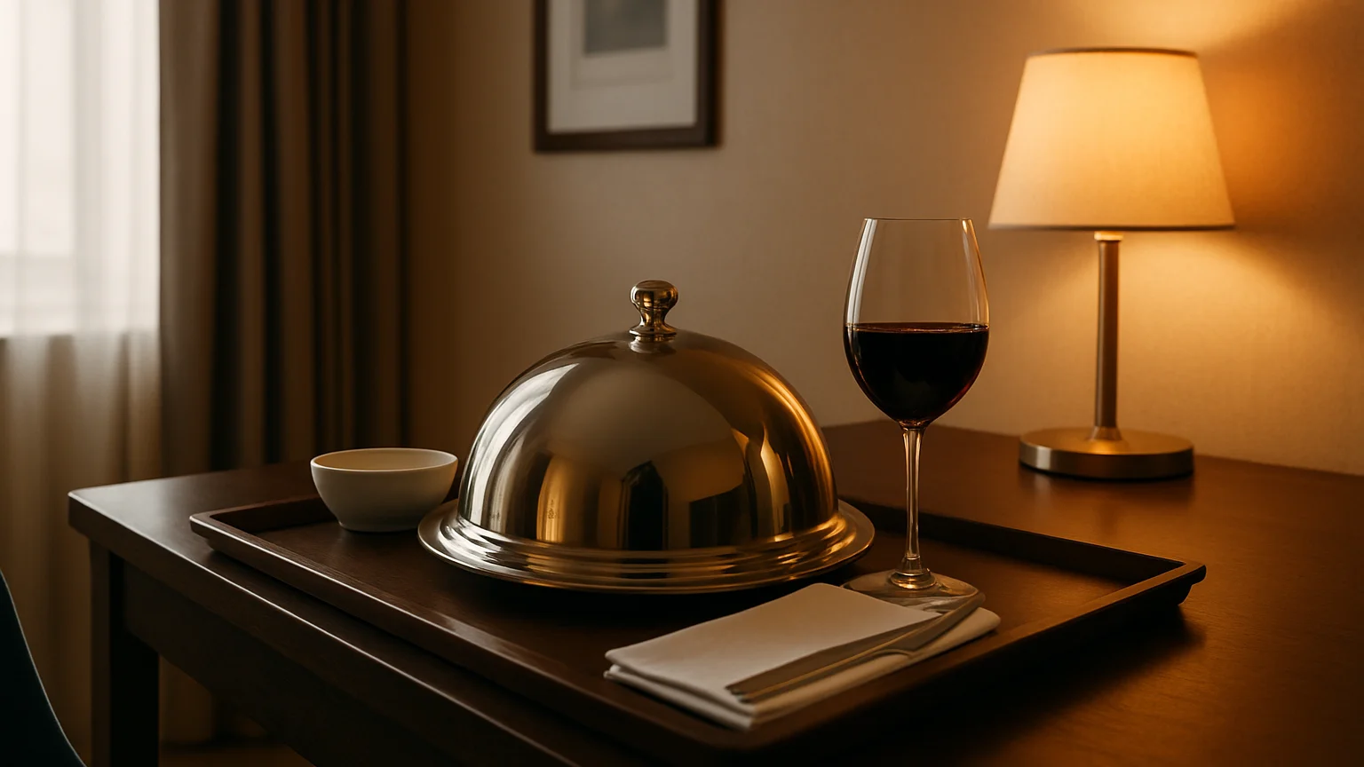 In-room dining tray with covered plates and a glass of wine on a hotel room desk, soft warm lamp light, refined composit
