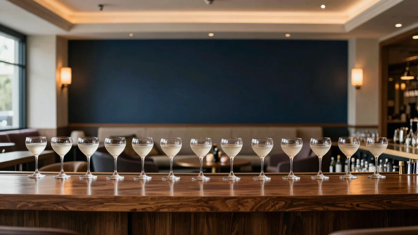 Elegant cocktail glasses on a dark wood bar in a hotel lounge, warm amber practical light, navy backdrop