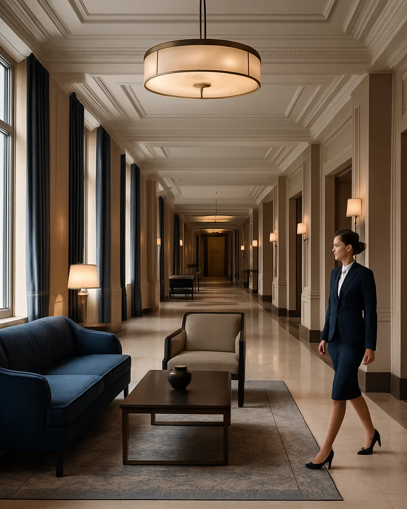 Wide architectural view of a refined luxury hotel lobby and corri