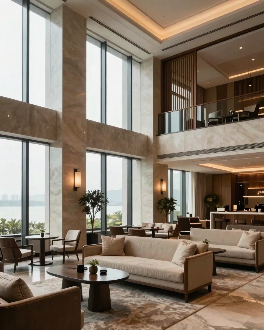 Luxury hotel lobby lounge, soft daylight through tall windows, na