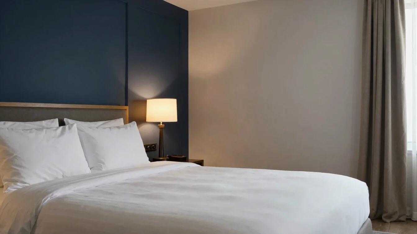 Hotel room prepared with crisp white linens and warm bedside lamp light, navy and beige palette, soft daylight, editoria