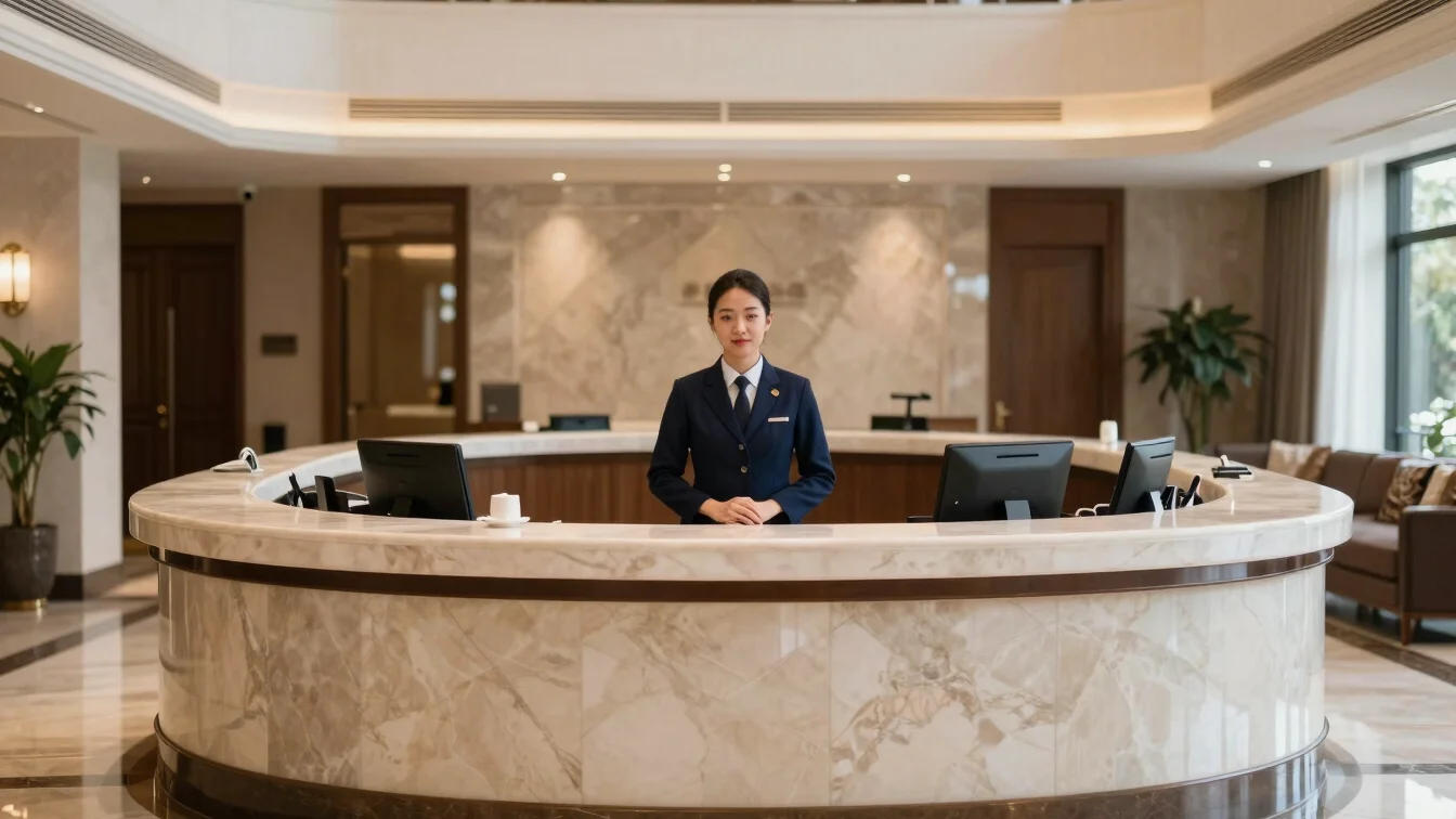 Hotel concierge desk with a warm, attentive staff member in soft focus, navy uniform, natural daylight, editorial photog