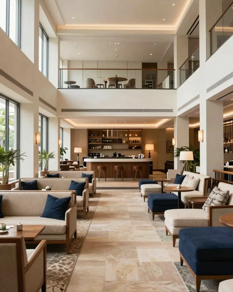 Soft daylight over a calm guest lounge with warm beige seating, navy accents, and a view toward a well-lit reception are
