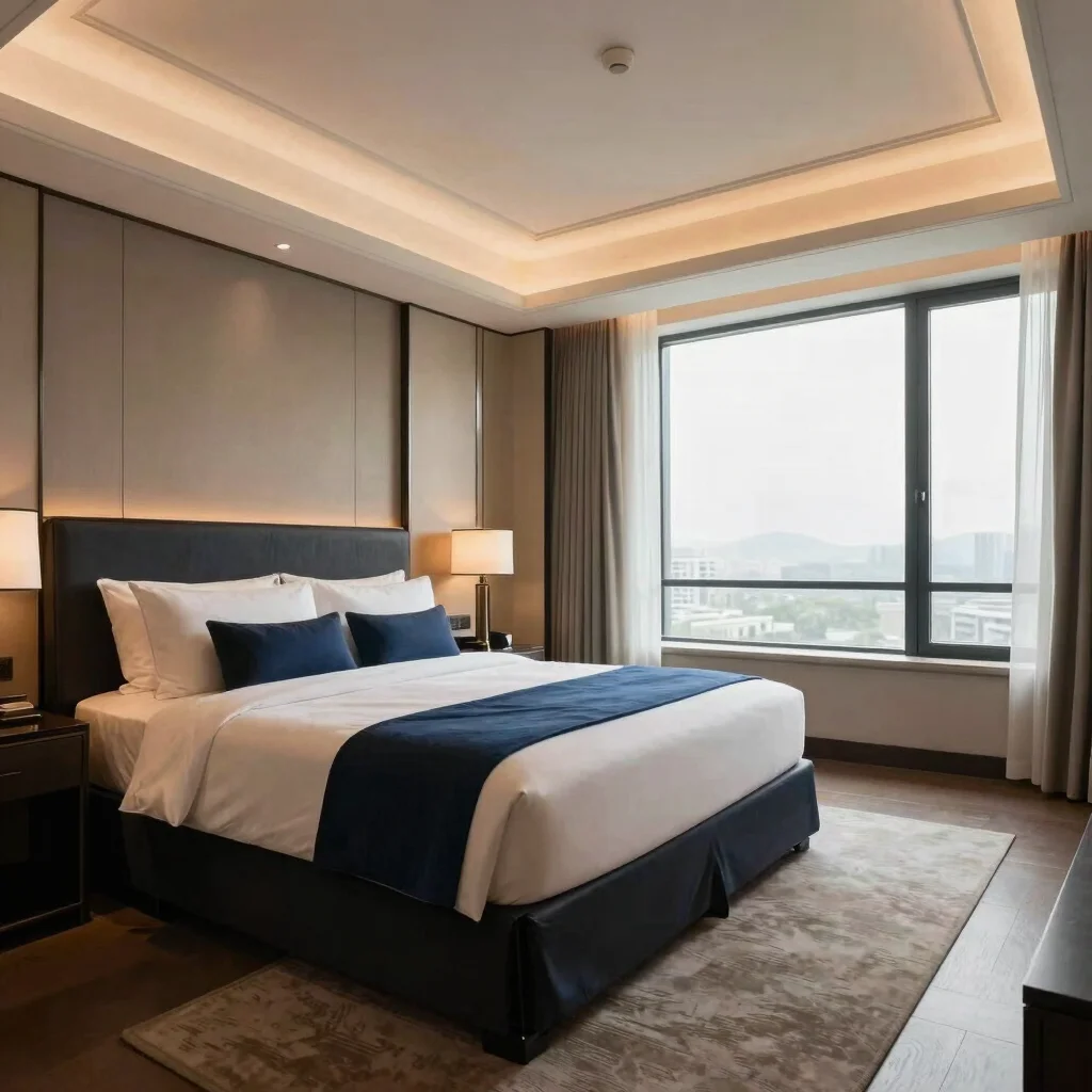 Luxury hotel suite with a king bed, navy and warm beige textiles,