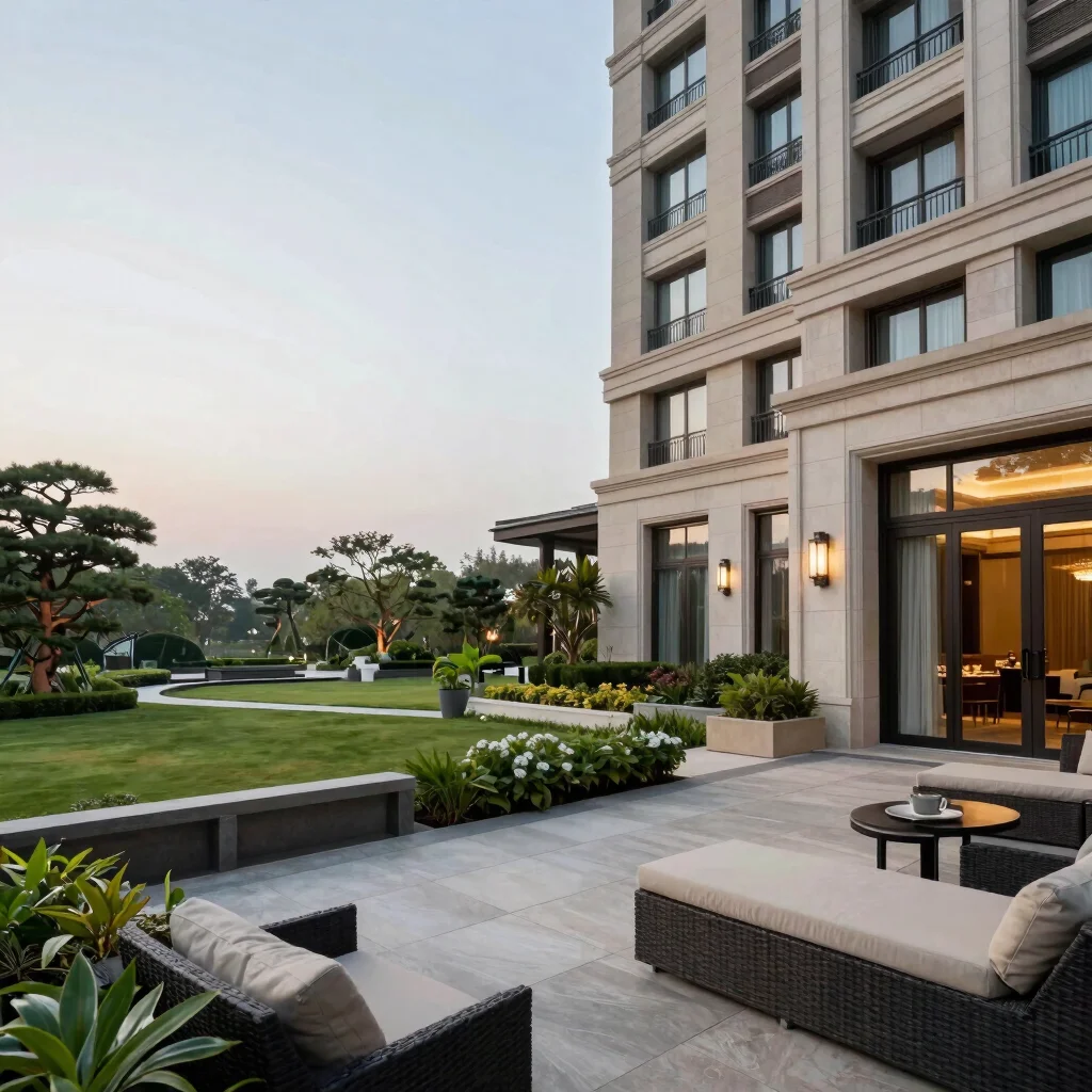 Scenic view from a luxury hotel terrace over surrounding grounds in soft morning light, balanced composition