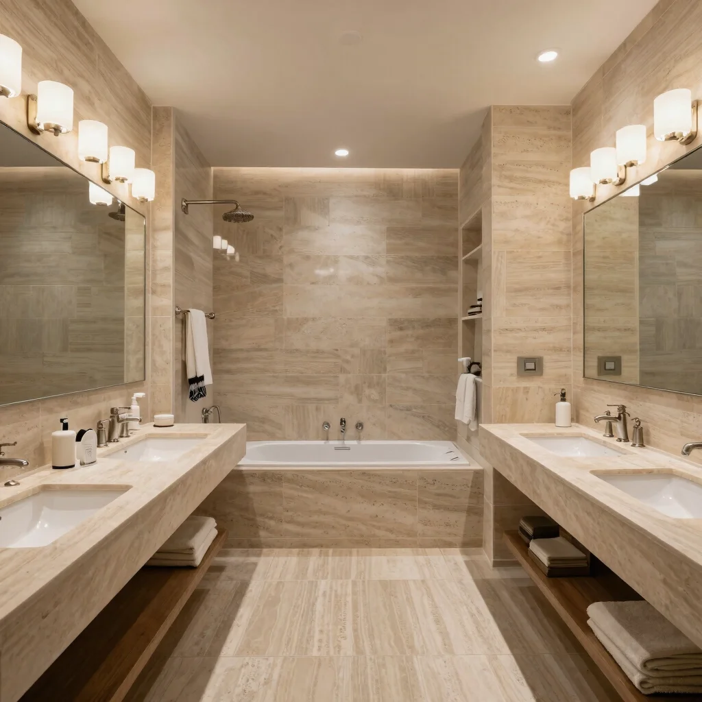 Elegant guest bathroom with natural stone surfaces and warm pract