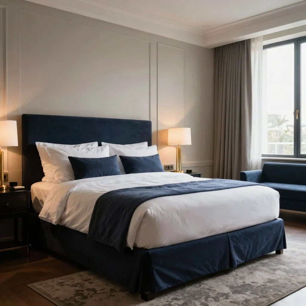 Bed appointments in a refined hotel room, layered linens and gold