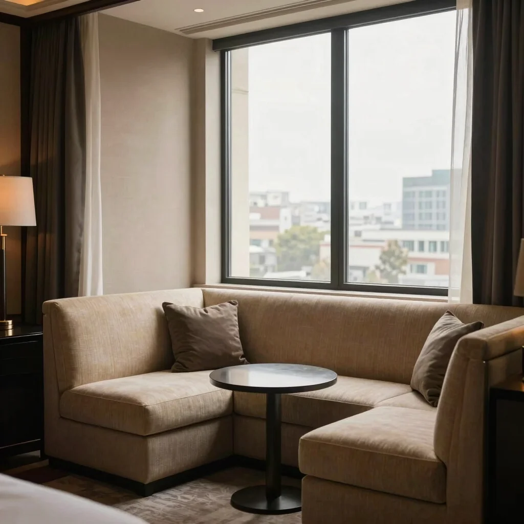 Interior window seating nook in a luxury hotel room, warm beige u