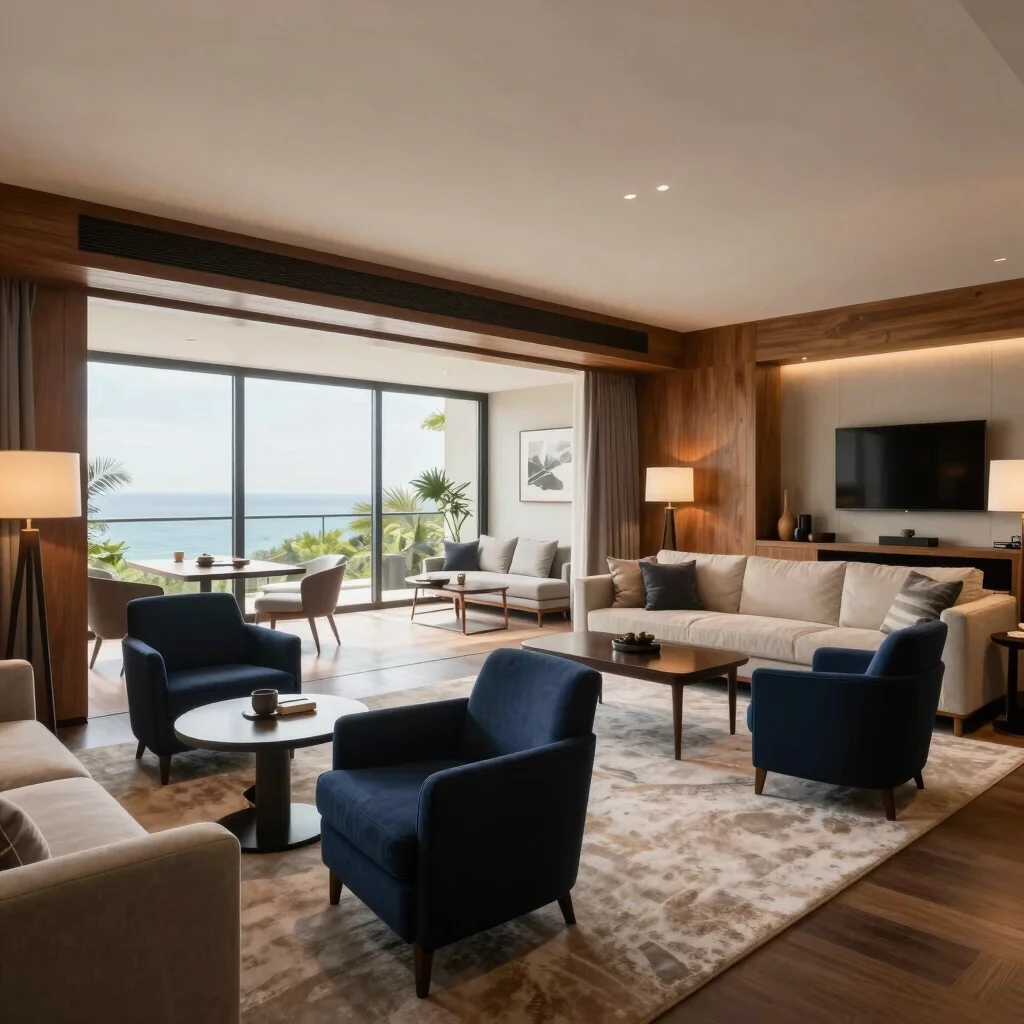 Spacious hotel suite living area with navy armchairs and oak mill