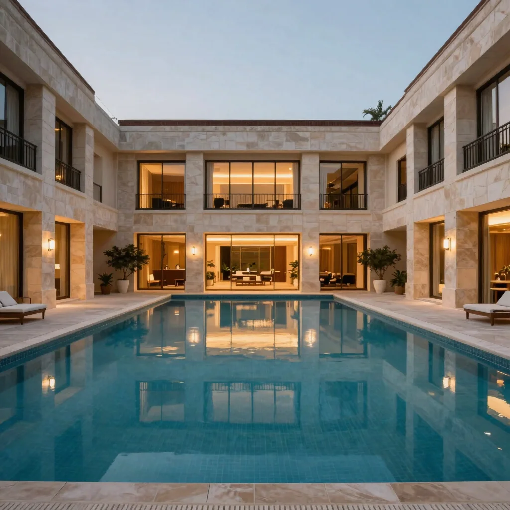 Hotel swimming pool at dusk with calm water reflecting warm interior light, wide architectural framing, navy and beige t