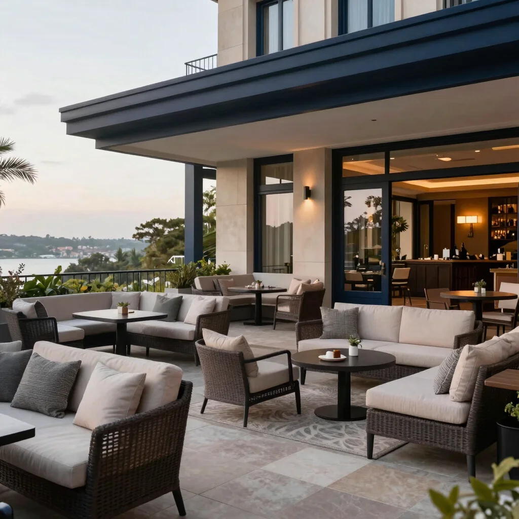 Outdoor terrace of a luxury hotel with soft daylight, neutral lounge seating, and views of the surrounding landscape