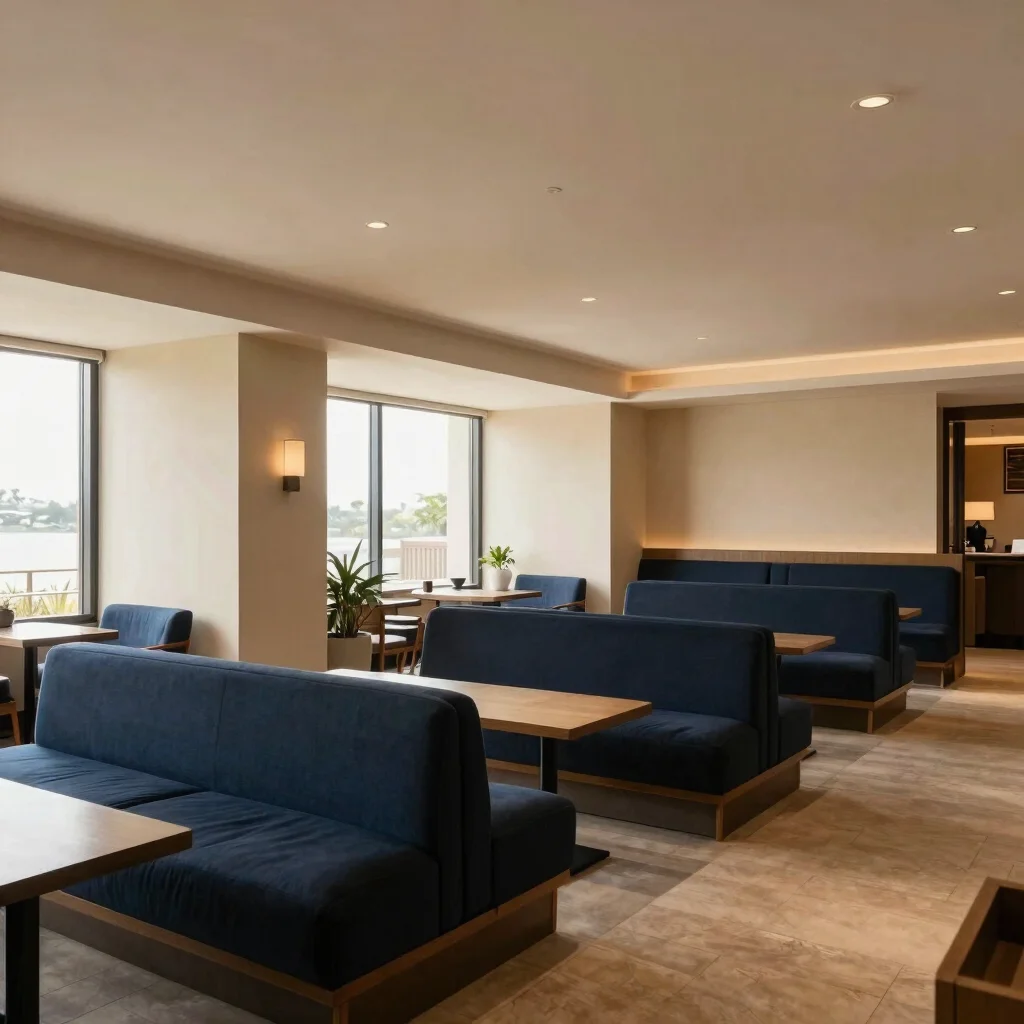 Spacious hotel lounge with navy seating, warm beige walls, soft natural daylight, wide-angle view